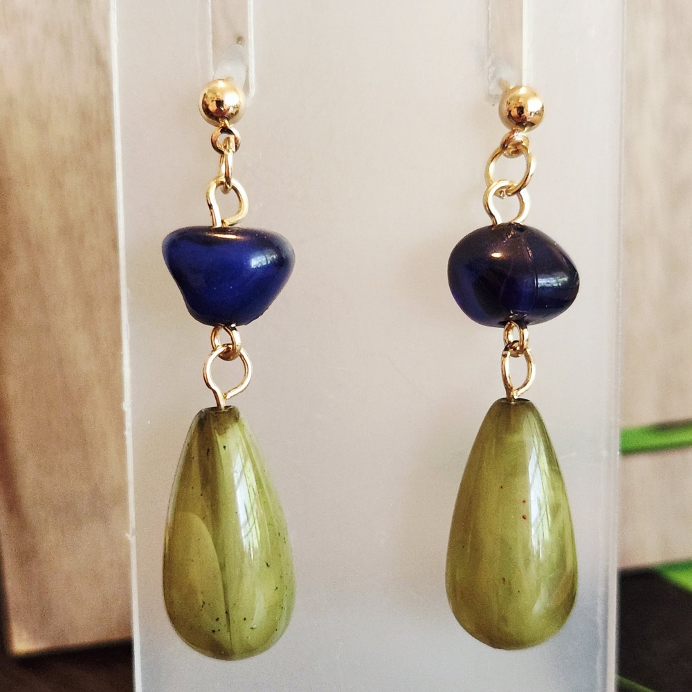 Blue and Olive Green Teardrop Drop Earrings Gold Tone Post Dangle Boho Artisan